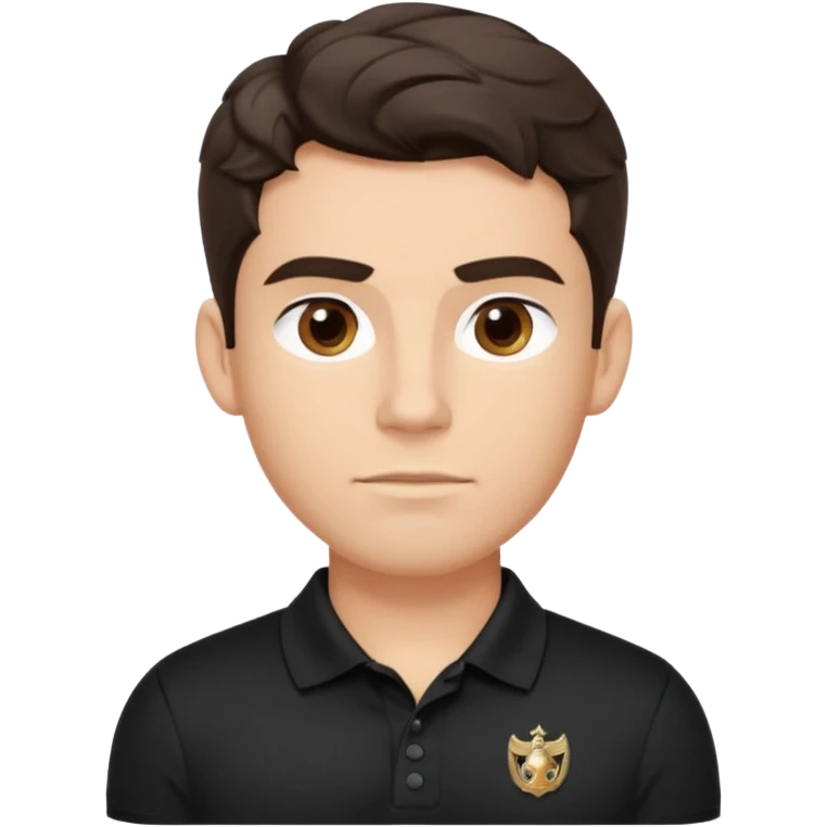 He’s a man with light to medium skin, a defined oval face, full brows, deep-set eyes, and wavy short dark brown tall hair styled with height, sides are trimmed. muscular. expression calm and focused relaxed black polo shirt. polished, articulate, and coach vibe. personal development.  emoji