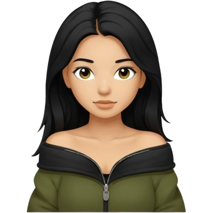 Siyah uzun saçlı siyah ceket  polar ceket ceket gevşek biraz omzundan çıkıyormuş gibi ve bugday ten rengi soltaraftaki omzundan çıkık sadece içinde de siyah crop var crop açık esmer esmer emoji