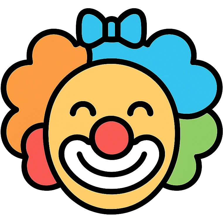 Clown face with red nose, colorful hair, and painted smile emoji