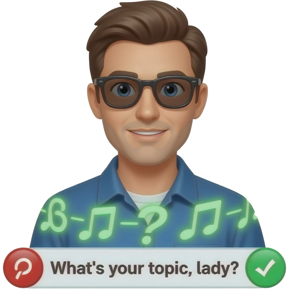 A informal man, with sunglasses, glowing digital, symbols on the around, a floating Facebook logo, on the left shoulder, looking at viewer with curious. Text on below: 'What's your topic, lady?'. Shimmering red ignore and green check icons, full background emoji