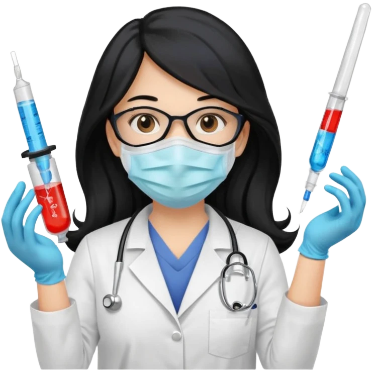 medica con guantes  y mascarilla e insumos laboratorio  jeringa tubos  pelo negro largo triguella emoji