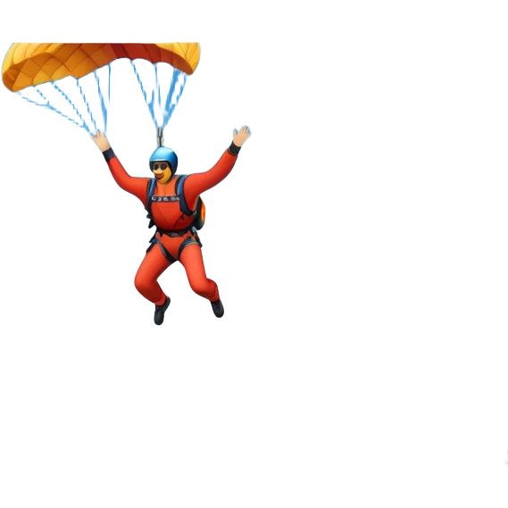 A base jumper soaring through the sky, with a parachute deployed, gliding over a dramatic cliffside or tall building. The background showcases a vast landscape below, with clouds and open skies, emphasizing the adrenaline and freedom of the sport emoji