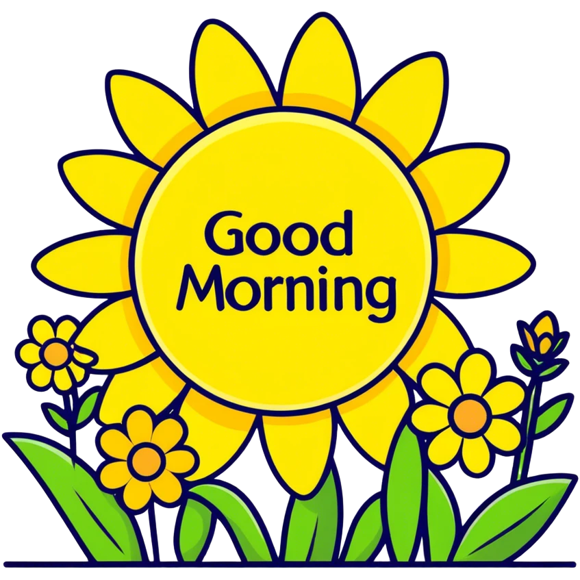 Spring flowers in garden with sun with inscription Good morning  emoji