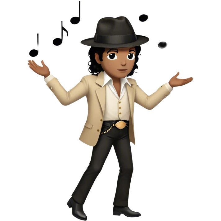 Icon for R&B Music: Michael Jackson in his iconic pose at the end of a song, head tilted, holding his black fedora with one hand. He stands in profile, embodying the smooth and soulful energy of R&B. Musical notes surround him. Transparent background. emoji