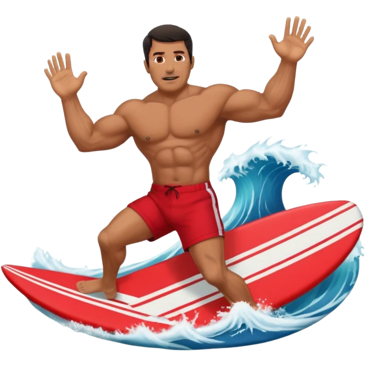 50 year old, muscular, dark haired, tan, red shorts man riding a big wave emoji