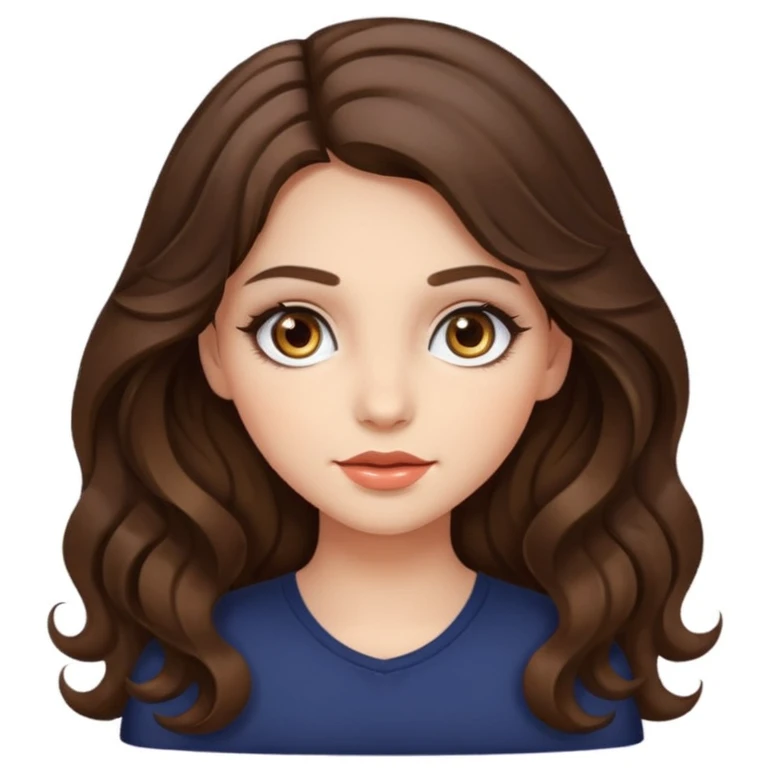 a girl with long wavy brunette hair, hazel eyes, cute make up emoji