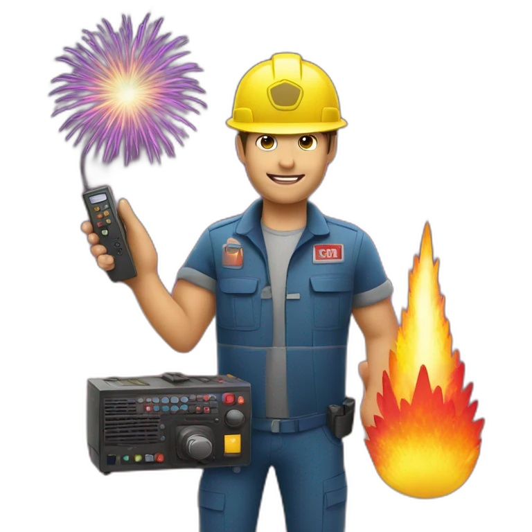 pyrotechnician with remote control and fireworks emoji