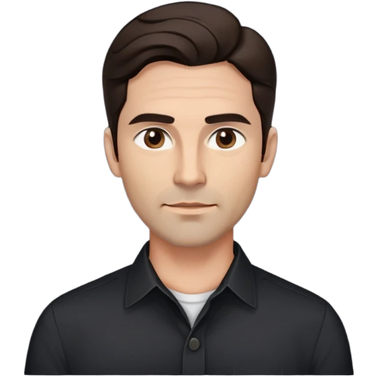 Fit good-looking 40-year-old with young appearance, light brown complexion, elongated face, fine jawline, intense dark eyes, medium eyebrows, straight nose, attractive confident expression, medium wavy dark hair with modern styling, wearing a crisp black button-down shirt emoji