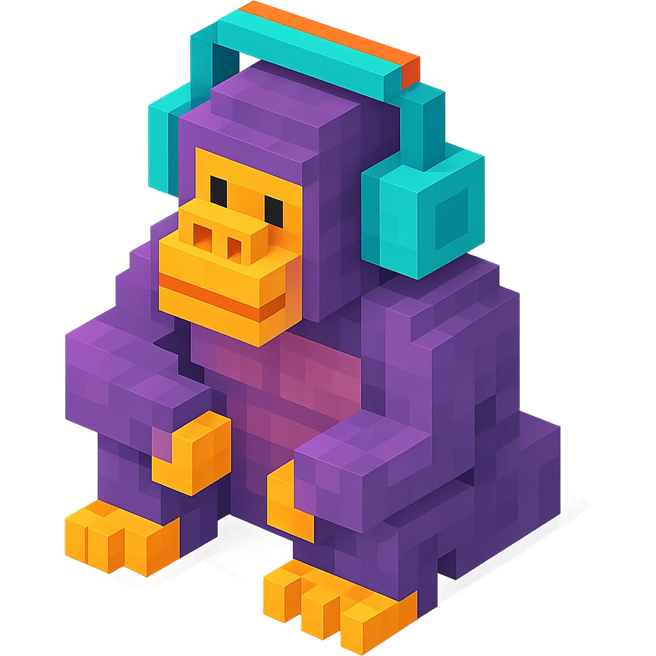 voxel style gorilla sitting and listening to music with headphones, isometric view emoji
