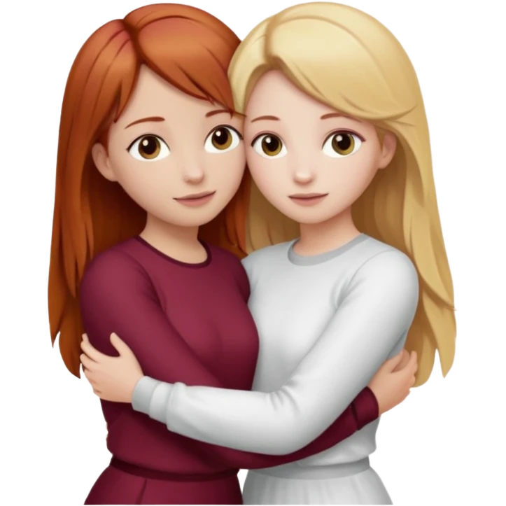 two girls who hug eachother. one has auburn hair with blonde highlights and very pale skin and is wearing white outfit, other has medium-fair skin and blonde hair and is wearing a burgundy outfit emoji