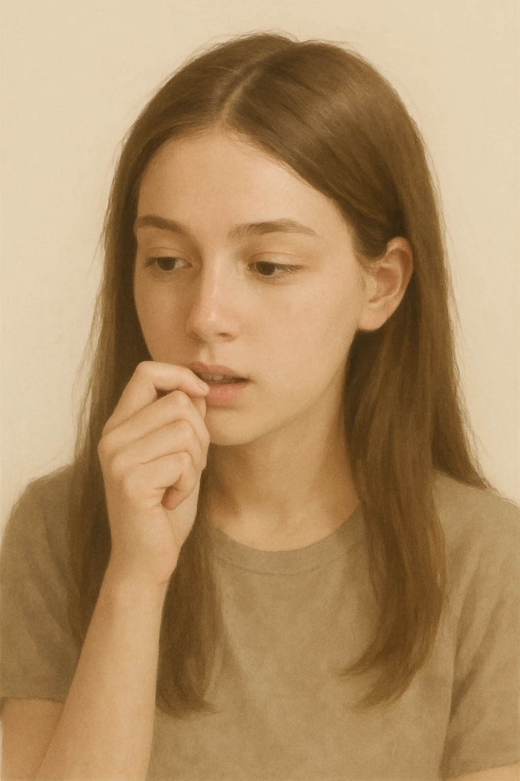 simplified realistic portrait of a girl with long brown hair biting her nail emoji