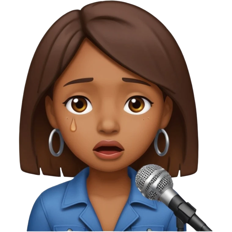 Brown skin girl singing into a microphone looking sad  emoji