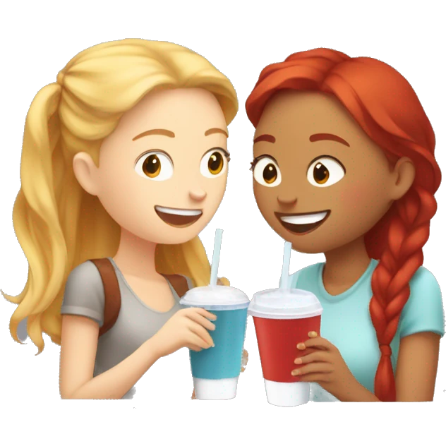 Blonde girl and red hair girl secretly giggling together drinking iced coffees  emoji