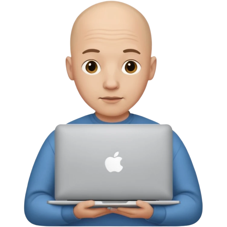 bald yong guy with macbook  no wringle on face emoji