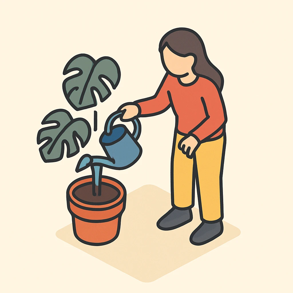 woman watering her monstera plant emoji