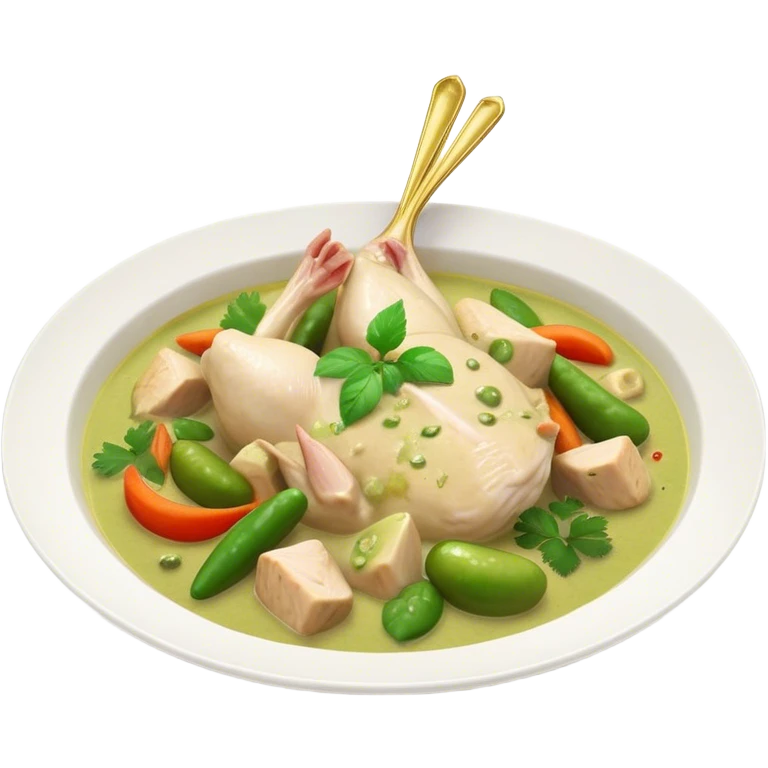 Cinematic Realistic Green Chicken Curry Dish Emoji, depicted with tender chicken simmered in a fragrant green curry sauce with vegetables rendered with rich textures and dynamic, vibrant lighting. emoji