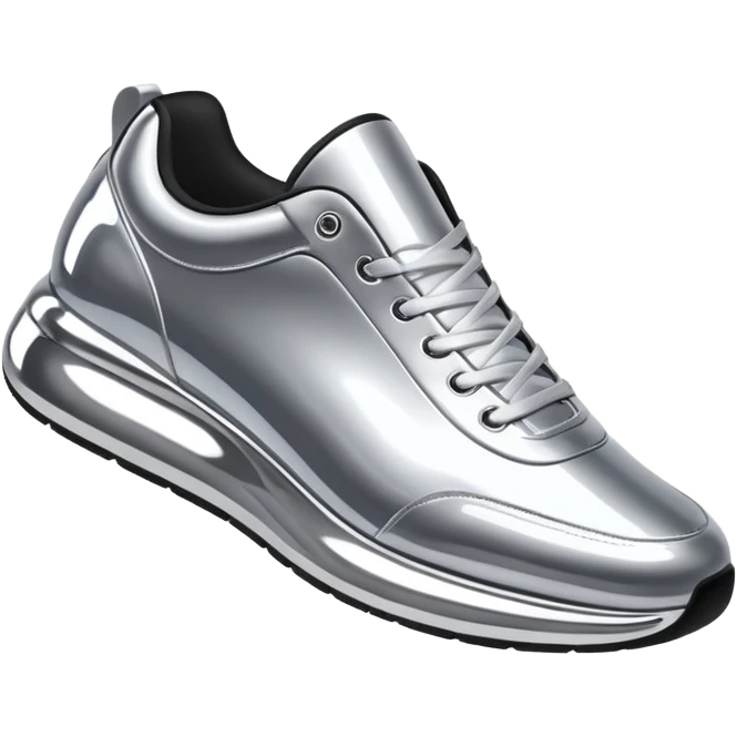 A pair of futuristic sneakers emoji made of silver chrome, sleek streetwear design, smooth metallic panels, subtle reflections, luxury swag aesthetic, iOS emoji style, centered, clean white background emoji