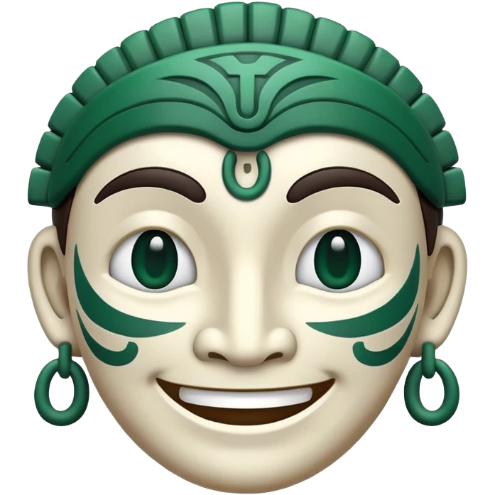 Elegant Mayan face smiling emoji with expressive features, minimalist design, only pure white and dark green colors emoji