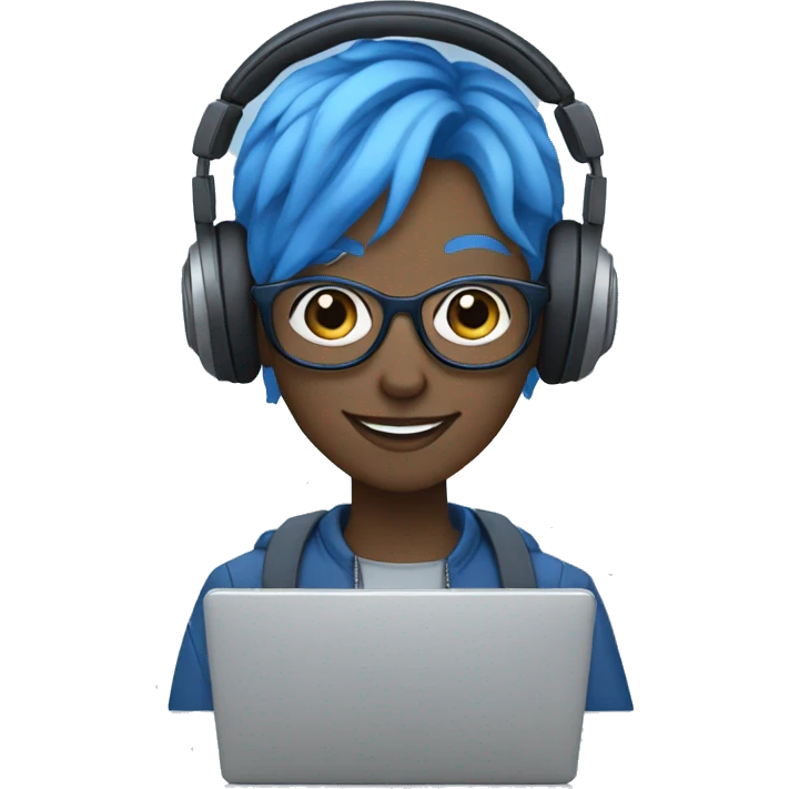 Androgynous character with all blue skin, wearing glasses, holding a laptop, wearing headphones, and smiling emoji