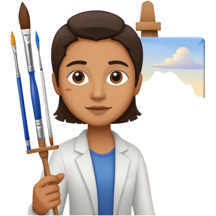 Artist with a paintbrush in front of an easel with a painting emoji