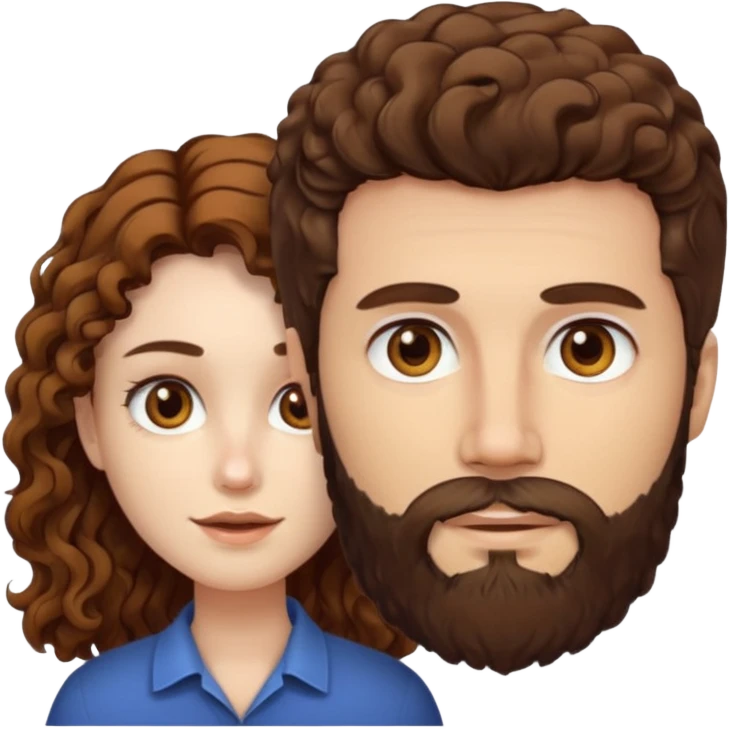 Criar Casal - Homem branco de cabelo liso e olhos marrom, com barba e mulher de pele branca cabelo cacheado marrom longo e olhos mel emoji