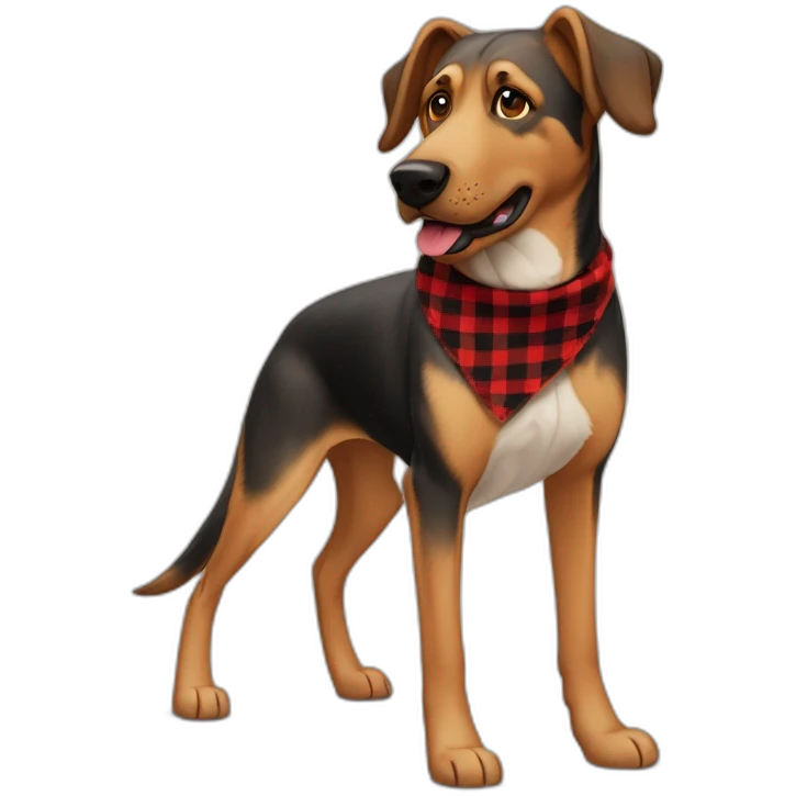 adult 75% Coonhound 25% German Shepherd mix dog with visible tail wearing small pointed red buffalo plaid bandana full body walking left quickly emoji