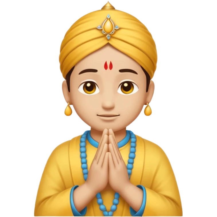 traditional yellow emoji with praying hands and a tilak on the forehead emoji