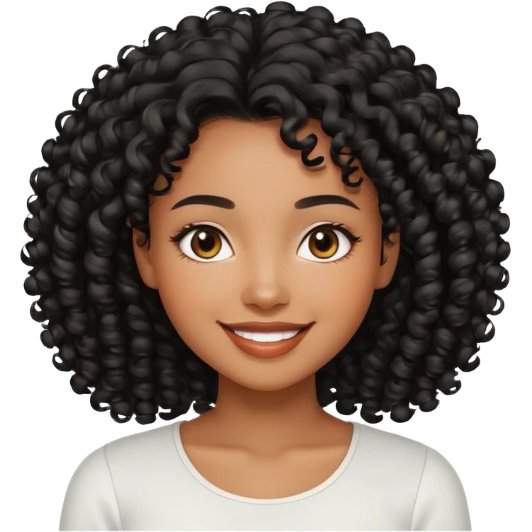 a young woman.She has voluminous, curly black hair long that frames her face beautifully. Her skin tone is black light and glowing, and she has a subtle, natural makeup look. She’s smiling softly at the camera. She is wearing a white top emoji