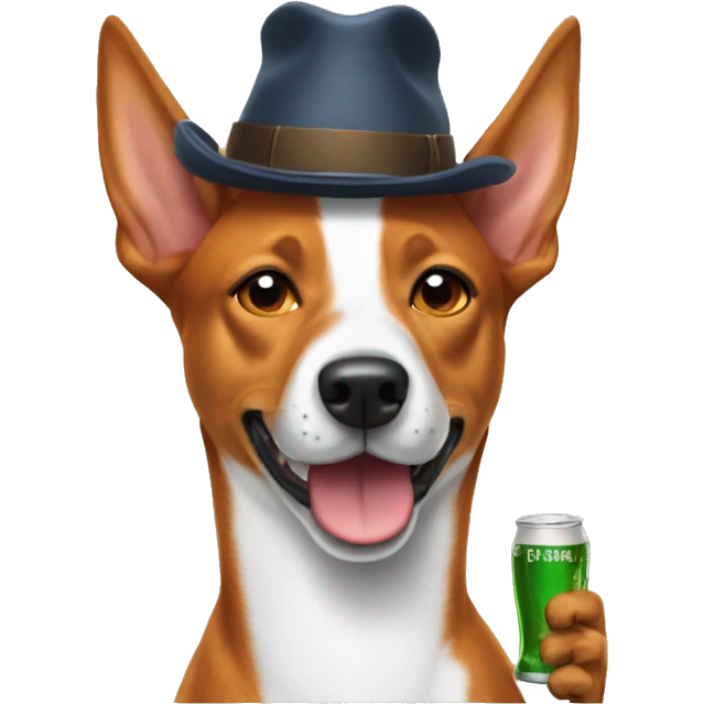 Basenji with a hat holding beer emoji