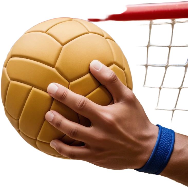 A close-up of a hand gripping a handball, with the handball gates visible in the background. The focus is on the texture of the ball and the strength of the grip, with the goal net slightly blurred to emphasize the anticipation of the throw. emoji