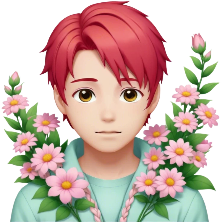 Gorgeous pastel red hair with a thin braid on the side anime style shojo guy with blushing face and flowers aesthetic trending style outside emoji