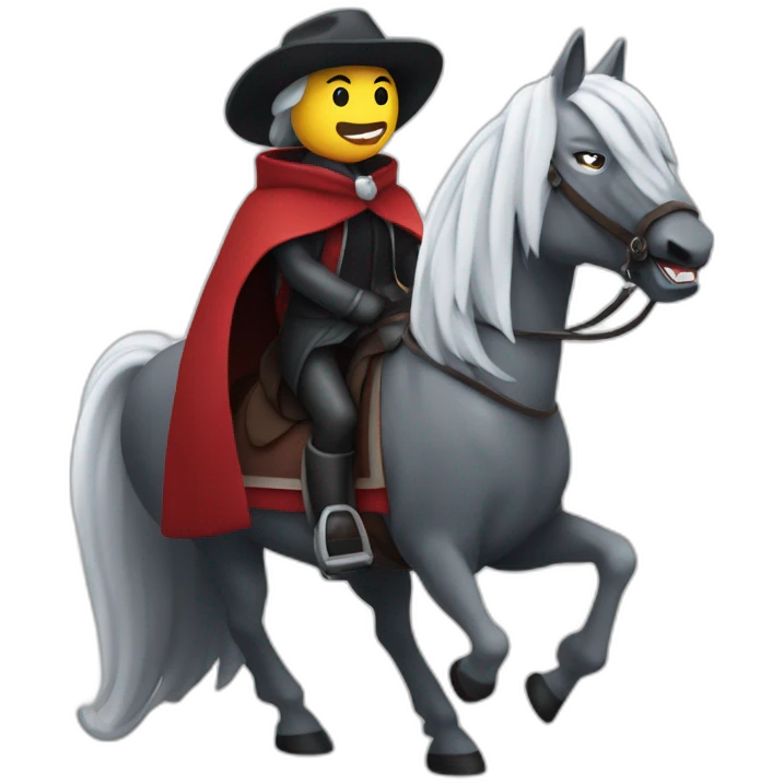 Un vampire qui monte sur un cheval blanc qui porte une écharpe emoji