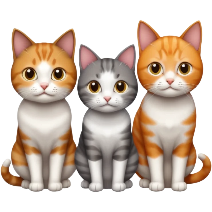 3 different coloured tiny short haired cats, including a dark grey and white cat, and a dark brown tabby and white and a ginger and white emoji