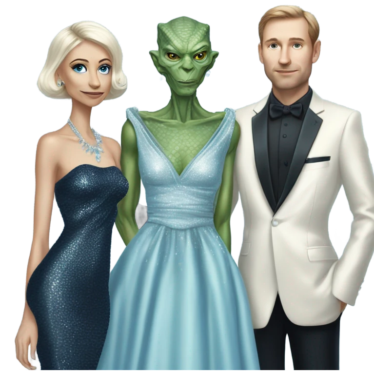 reptilian alien woman, in long slim pastel blue formal party satin dress with gradient shiny sparkling navy blue diamonds embroidered , and caucasian man in black dress emoji