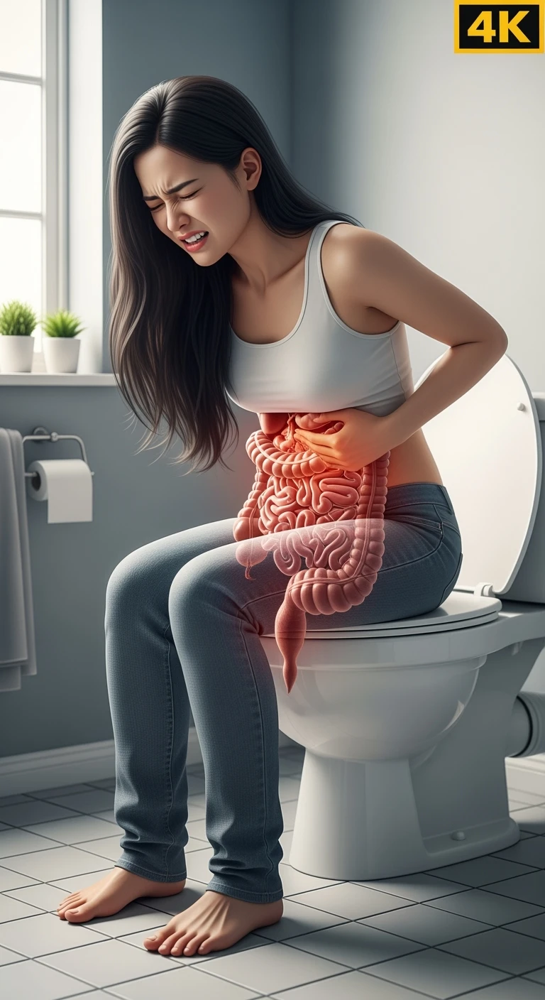 DONNA CON MAL DI PANCIA SEDUTA SUL WC MENTRE SI SFORZA, INTESTINO UMANO ANATOMICO IN EVIDENZA, IPERREALISTICA 4K emoji