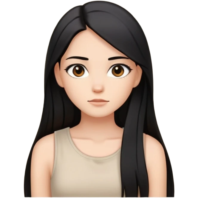 Female with straight long black hair parted in middle, beige skin, big brown eyes, natural makeup, white sleeveless top emoji