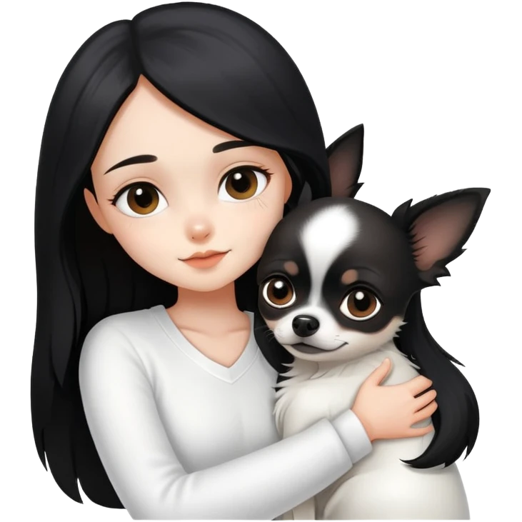 A girl with fair skin, wearing white clothes, gently and tightly hugs a black long-haired Chihuahua emoji