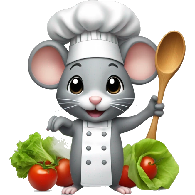 cute grey mouse wearing a chef’s hat holding a wooden spoon and a salad emoji