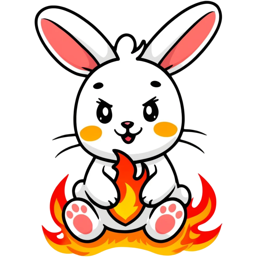 Adorable bunny with fire paws, flames burning from feet, cute happy face emoji