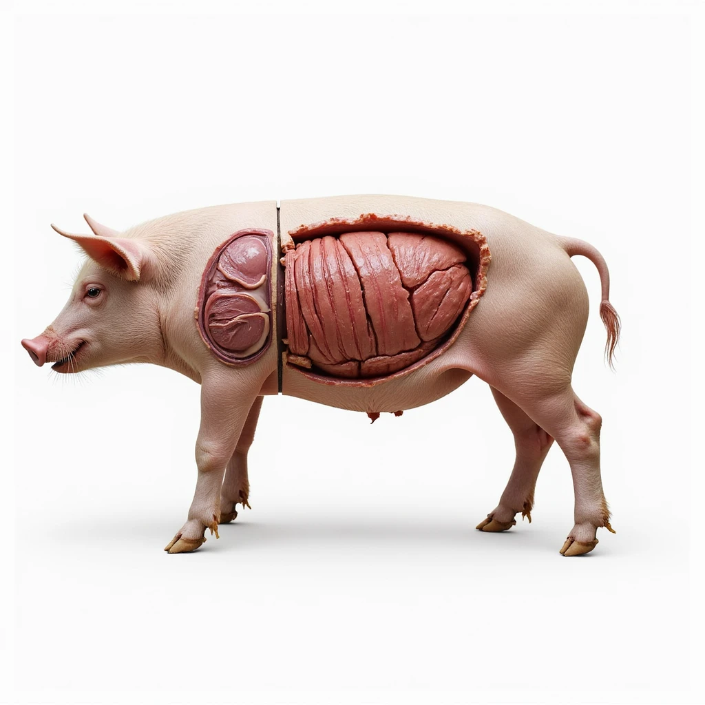 split image left side human body right side pig body, internal organs highlighted and labeled, educational hyperrealistic 4K style emoji