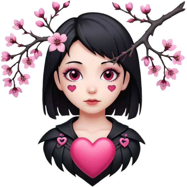goth sakura heart, heart pierced by sakura branch, black and pink emoji