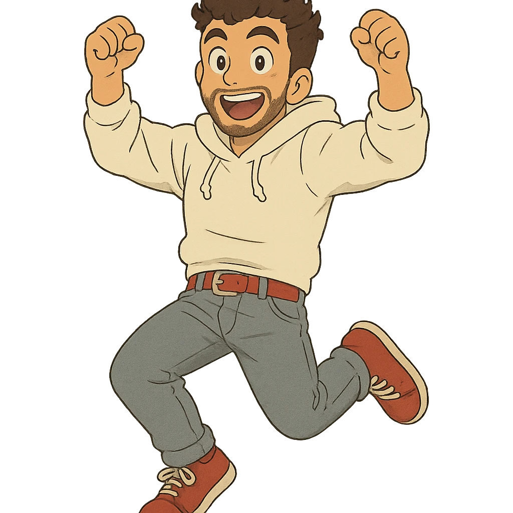1 male, mid fade haircut dark chestnut brown curly hair, toasted lightskin, white hoodie sleeves up, gray fashion jeans, red fashion-sneakers shoes, red belt, short trimmed beard and goatee,  style of deku from "my hero academia",  doing a pose for a "happy" emote for twitch emoji