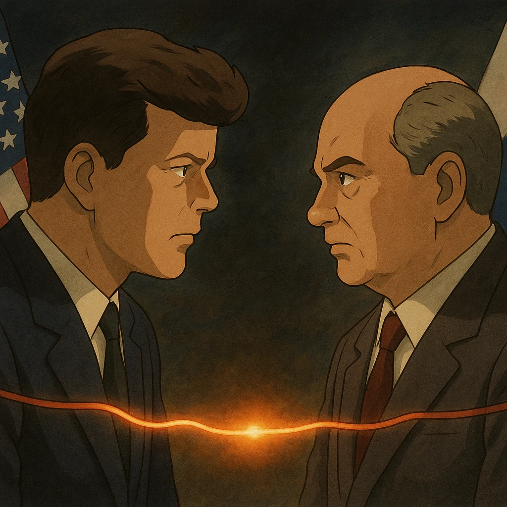 realistic illustration of John F. Kennedy and Mikhail Gorbachev facing each other, a glowing hot wire connecting them, US and Russian flags, tense Cold War atmosphere emoji