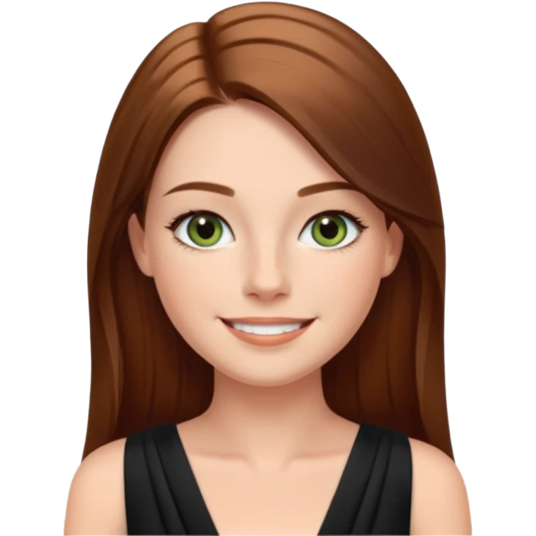 confident CEO named Freya McOmish, smiling, hazel green eyes, straight long hair parted in the middle, subtle freckles, broad shoulders, wearing a black evening dress emoji