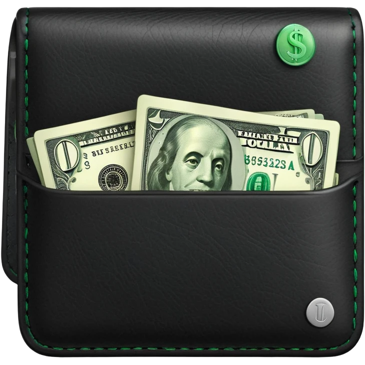 black leather wallet with green dollar bills sticking out emoji