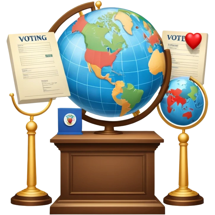 An icon featuring a podium with a speaker, a ballot box with a voting slip, and a globe, symbolizing political science. The design includes scales of justice and a world map in the background, representing governance and global politics. Transparent background highlights political analysis. emoji