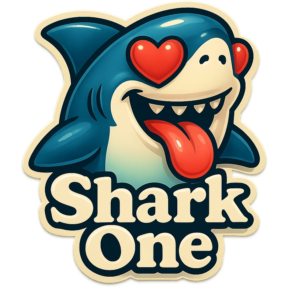mouth open with tongue out heart shaped eye add the words “ Shark One " in White emoji