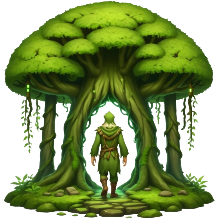 full body moss druid man, from behind walking into glowing forest portal emoji