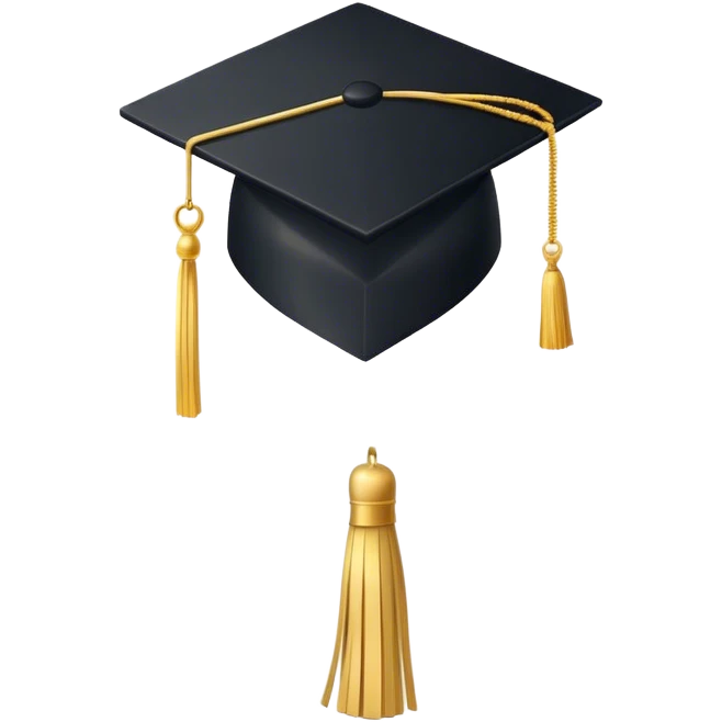 A classic black graduation cap (mortarboard) with a flat, square top and a golden tassel hanging from one corner. The tassel is slightly curved as if gently swaying. The cap is positioned at a slight angle, appearing elegant and academic. The background is plain white emoji