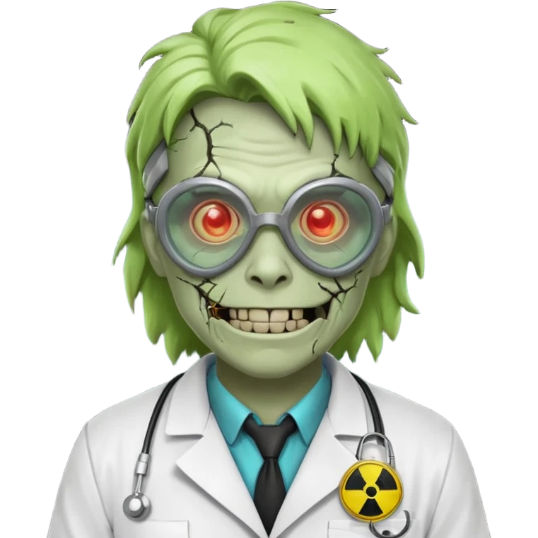 radioactive zombie scientist portrait, head and shoulders only, glowing toxic veins, cracked goggles, lab coat with radiation badge, sinister smile, 3D cartoon, mobile game icon style, clean background, no text, no watermark
 emoji
